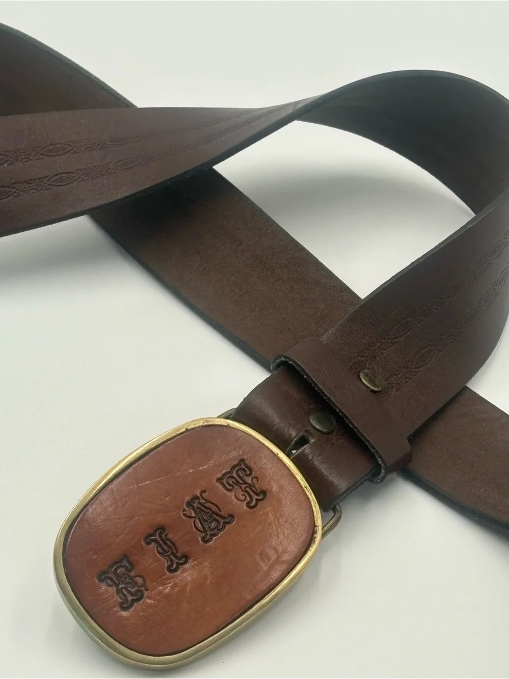 Vintage FIAT Solid Brass Buckle Genuine Cowhide Embossed Leather Belt Italy 74